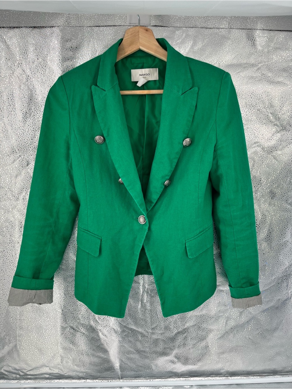 Mango Emerald Green Linen Blend Double-Breasted Blazer Silver Crest Buttons XS